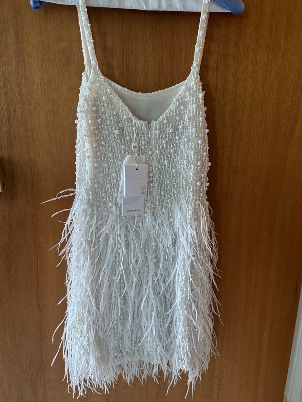 NADINE MERABI White Beaded Feather Cocktail Dress